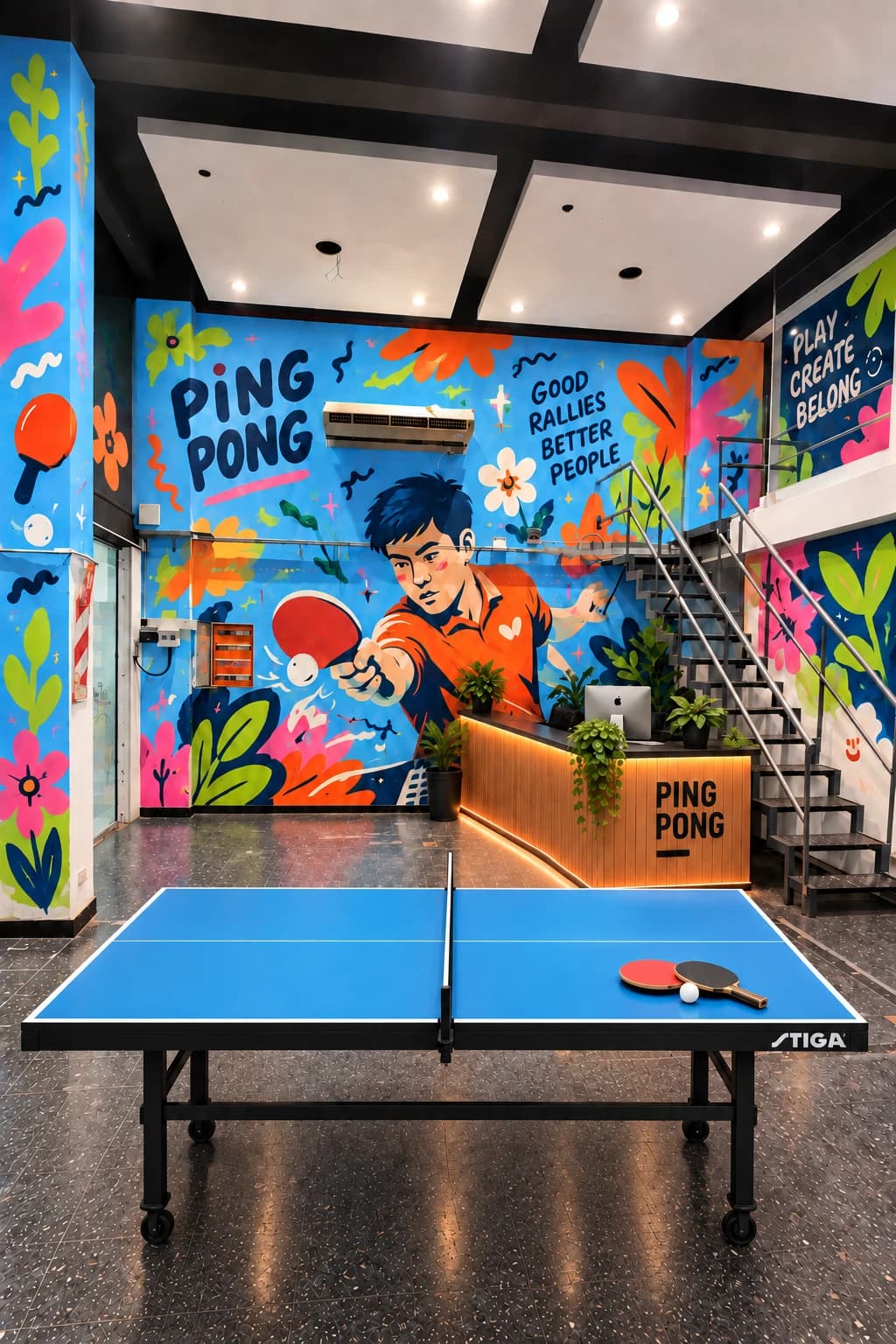 El salón en Haedo: una mesa azul frente al mural de ping pong, la recepción con plantas y la escalera.